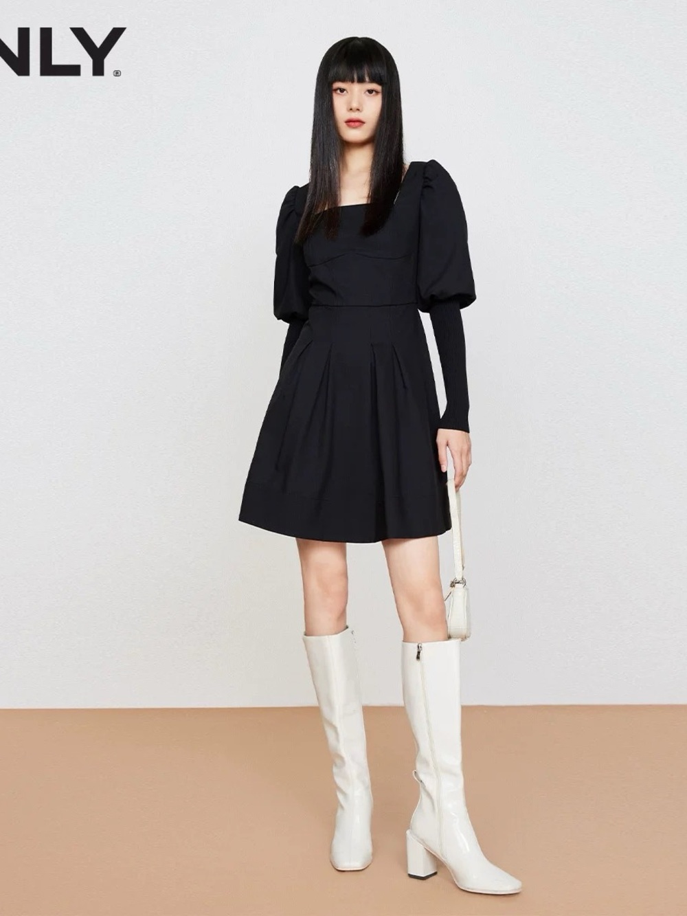 Classic Black Square-Neck Puff Sleeve Dress